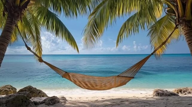 Hammock between palm trees, tranquil mood, overlooking peaceful beach and ocean view.