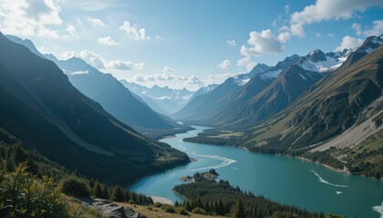 Fototapeta premium Serene Mountain Valley Landscape with Turquoise River and Clouds