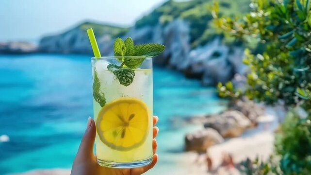 Refreshing lemon mint drink in hand, tropical mood with a stunning ocean view.
