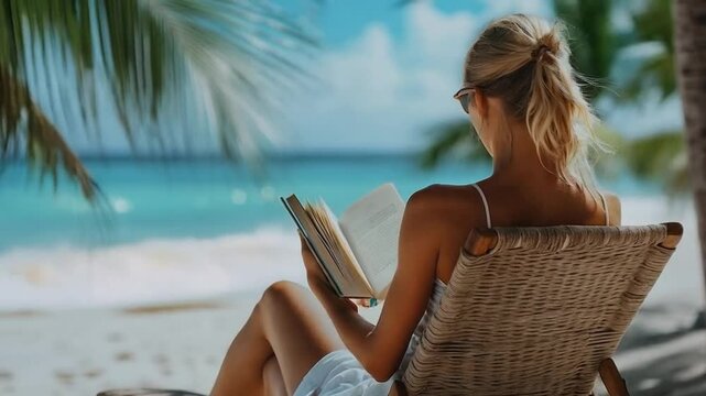 Woman reading a book on beach chair, relaxed mood under palm trees by the ocean.

