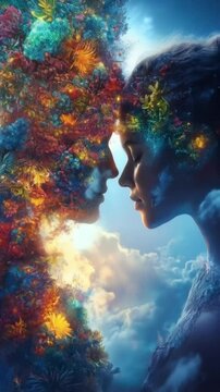 Artistic portrait of two faces merging with flowers and colors, enchanting mood and fantasy.
