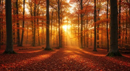 Fototapeta premium Serene autumn forest with golden sunlight filtering through trees at sunset
