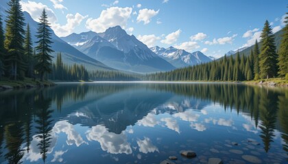 Fototapeta premium Serene Mountain Lake Surrounded by Lush Pine Trees and Clear Sky
