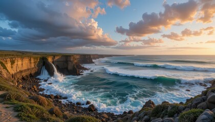 Obraz premium Stunning Sunset Over Dramatic Ocean Cliffs and Rolling Waves