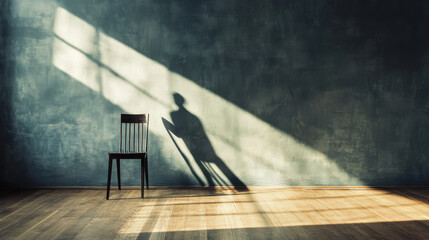 Contemporary art photo showing a poetic shadow of a figure holding a cup, created by strategic lighting behind an empty chair, minimalist exhibition room