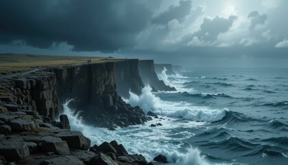 Fototapeta premium Dramatic Seascape with Dark Clouds Over Rugged Coastal Cliffs