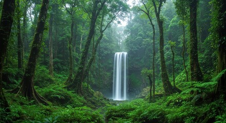 Serene waterfall cascading through lush green jungle with misty background