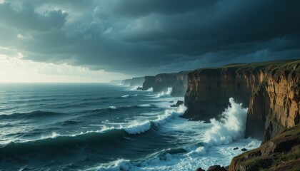Obraz premium Dramatic Ocean Waves Crash Against Cliffside Under Moody Skies