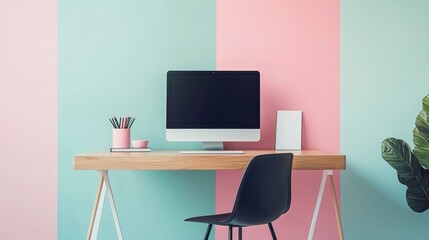 Abstract Scandinavian style workspace, geometric shapes design, modern Architectural Digest inspired interior design concept for creative professionals.