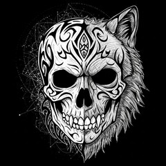 Fototapeta premium skull wolf hybrid design with tribal patterns in dark monochrome illustration.