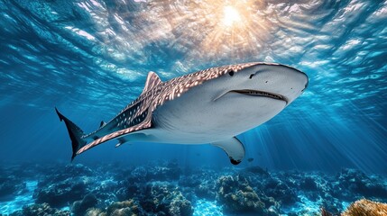 Whale shark swimming gracefully in clear tropical waters with vibrant corals beneath during bright midday sunlight