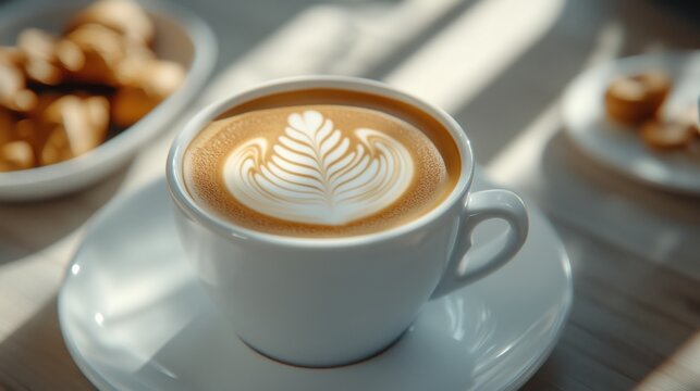 Coffee with latte art, fresh pastries, cozy cafe ambiance, morning routine, delicious treats, warm beverage enjoyment