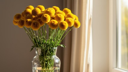 A vase of bright yellow craspedia flowers sits near a sunny window.
