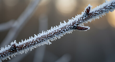 Naklejka premium Intricate ice crystals adorn a delicate twig in winter's embrace landscape