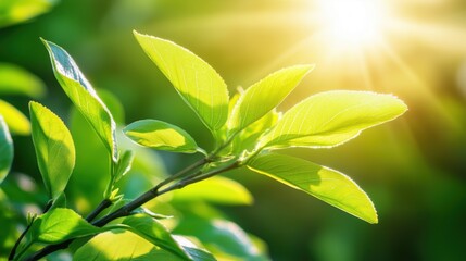 Obraz premium Sunlight shining on fresh green leaves in a lush garden during a beautiful spring morning