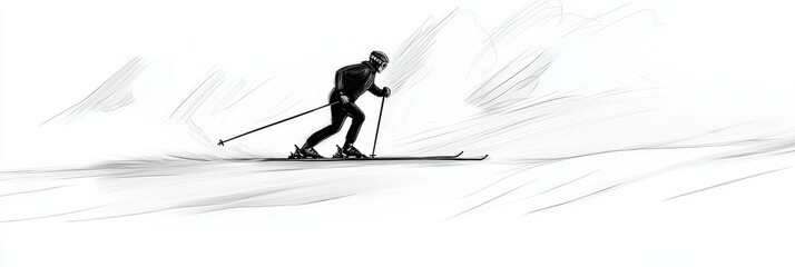 Fototapeta premium Skier glides across snow using poles.