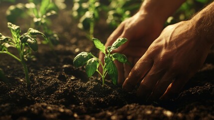 Hands Planting Tomato Seedling in Fertile Soil