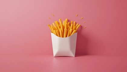 Golden French Fries in a White Box on a Pink Background
