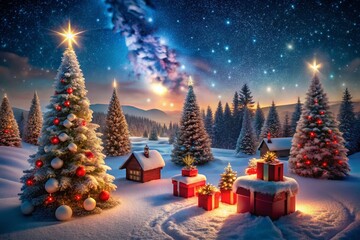 Magical Winter Wonderland: Snow Covered Landscape with Christmas Trees & Gifts
