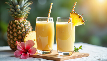 Bali Tropical Refreshment &ndash; Pineapple Smoothies with Fresh Slice and Hibiscus for Vacation Blogs, Wellness Retreat Ads, Greeting Cards, and Summer Lifestyle Designs