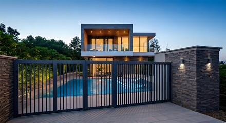 Fototapeta premium A high-end contemporary home with a sleek aluminum gate and an infinity pool visible inside, AI Generated