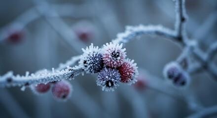 Frost-covered berries on a branch in a winter landscape, serene background