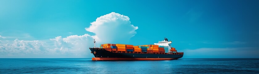 Cargo Ship in Pristine Blue Sea Under Vibrant Sky with Dramatic Cloud - Space for Text