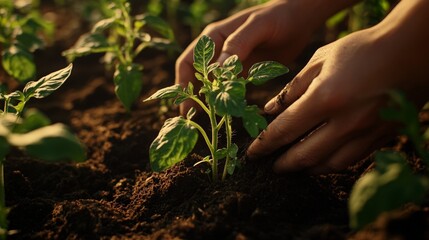 Fototapeta premium Hands Planting Tomato Seedling in Fertile Soil