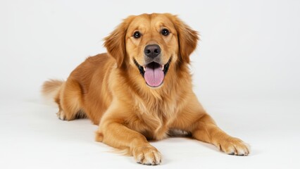 Fototapeta premium A happy golden retriever dog lying down with its tongue sticking out.