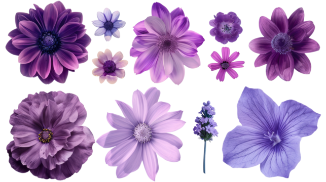 A Symphony of Purple Blooms: An array of exquisite purple flowers in various shapes and sizes, each with unique textures, against a soft and subtle backdrop.