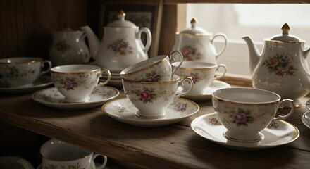Fototapeta premium Vintage Photograph of a Floral Porcelain Tea Set with Teapot and Cups on a Wooden Shelf, Ai Generated Image