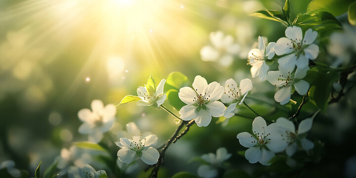 Sunlit white blossoms on green branch, soft focus background creating serene spring scene, symbolizes nature's renewal and tranquility