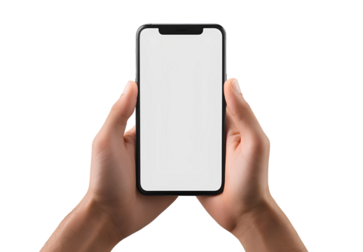 Holding the phone with both hands, blank screen, transparent background