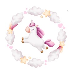 Cute unicorn in a round frame of clouds and bows in soft pink, pastel colors. For children's birthday greetings design, cards, prints, posters, stickers, etc. Hand drawn illustration. JPG 300 dpi.