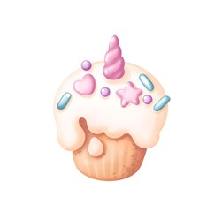 Cute cupcake with cream and colored capamels and unicorn horn caramels in pastel soft pink colors. For children's birthday greetings design, cards, prints, posters, stickers, etc. 