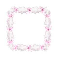Cute square watercolor frame of clouds and delicate bows in pastel soft pink tones. For children's birthday greetings design, cards, prints, posters, stickers, etc. Hand drawn illustration. JPG