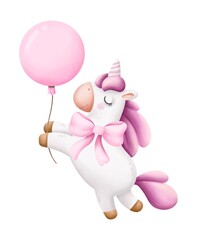 Cute little watercolor unicorn with pink bow holding balloons in pastel pink colors. For kids birthday greetings design, cards, prints, posters, stickers etc. Hand drawn illustration. JPG 300 dpi.