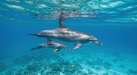 Fototapeta premium Two dolphins swimming gracefully in clear blue ocean waters with coral reef