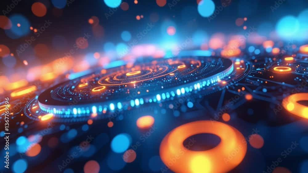 Poster abstract digital artwork of glowing orange and blue circular patterns in a futuristic concept of lig