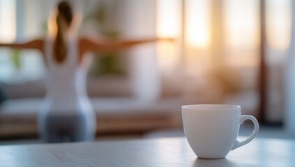 a white cup sits on a wooden table with a blurred woman stretching her arms in morning sunlight at home creating a relaxing atmosphere