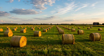 Golden bales of hay scattered across a sprawling field during harvest season