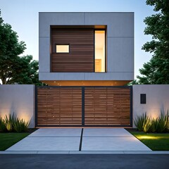 A modern cube-style house with a wooden gate and a concrete pathway leading to the entrance, AI Generated