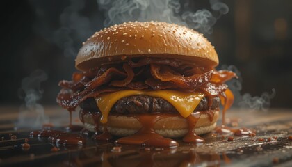 Juicy Burger with Cheddar Cheese and Crispy Bacon on Wooden Table