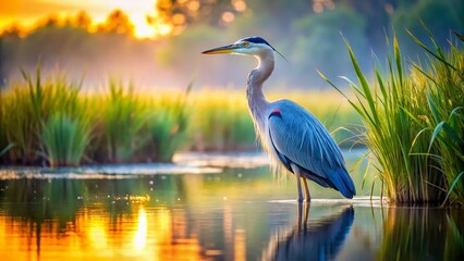 Naklejka premium Majestic Blue Heron in Serene Wetland Landscape - Stock Photo