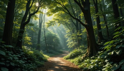 Obraz premium Serene Forest Pathway with Sunlight Streaming Through Trees