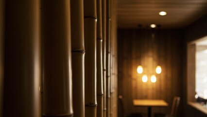 Interior with bamboo wall, dining table, warm lighting, and peaceful ambiance.