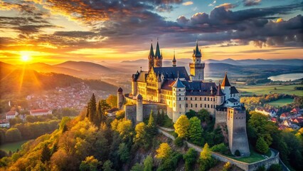 Fototapeta premium Majestic Castle Dawn: Cityscape Morning Panorama