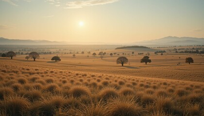 Obraz premium Serene Sunset Over Golden Fields with Trees and Gentle Hills
