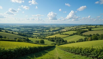 Fototapeta premium Lush Green Countryside with Rolling Hills and Blue Sky Background