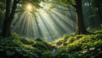 Serene Forest Scene with Sunlight Rays and Lush Greenery
